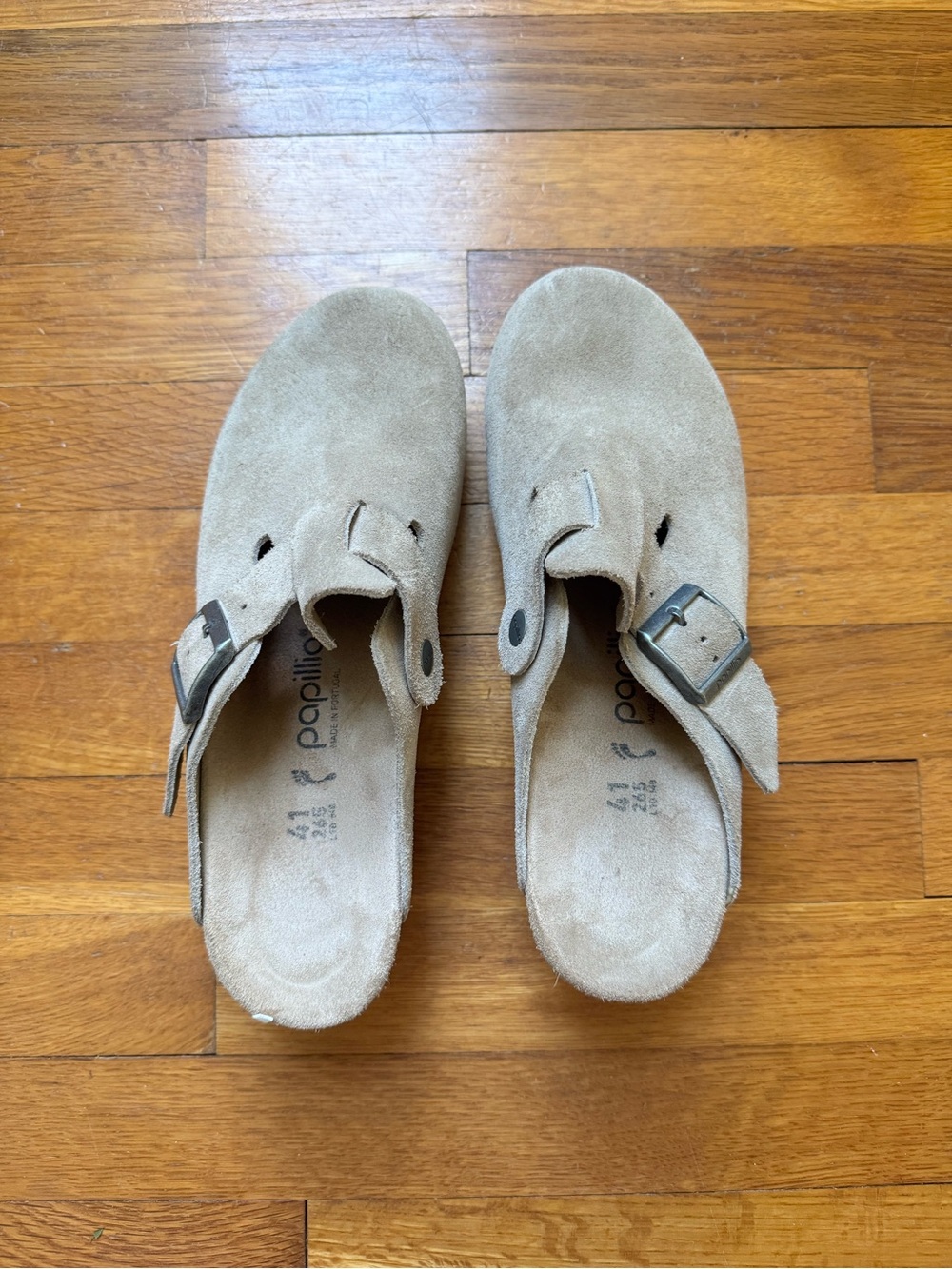 Papillio Birkenstock Sand Suede Buckle Clog wedges